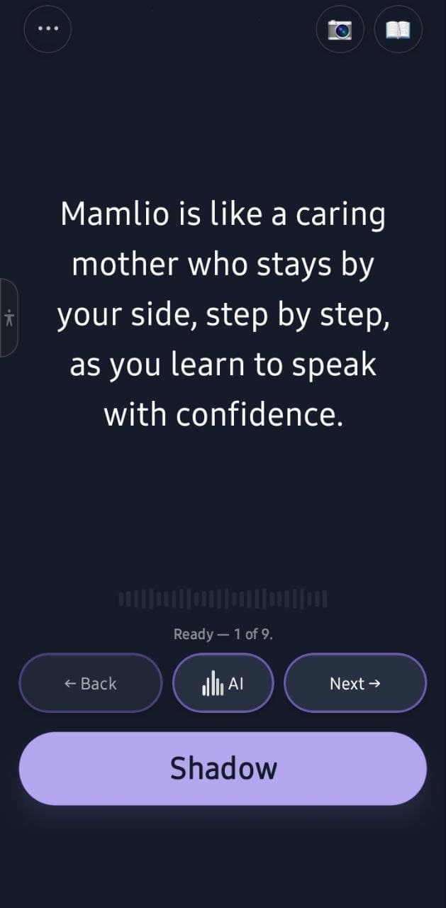 Mamlio speaking lesson with sentence text, playback controls, and Shadow button