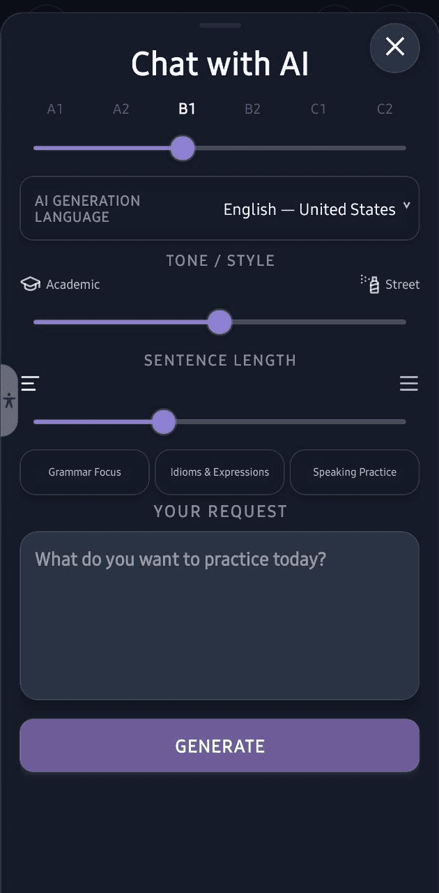 Mamlio Chat with AI screen for creating custom practice text