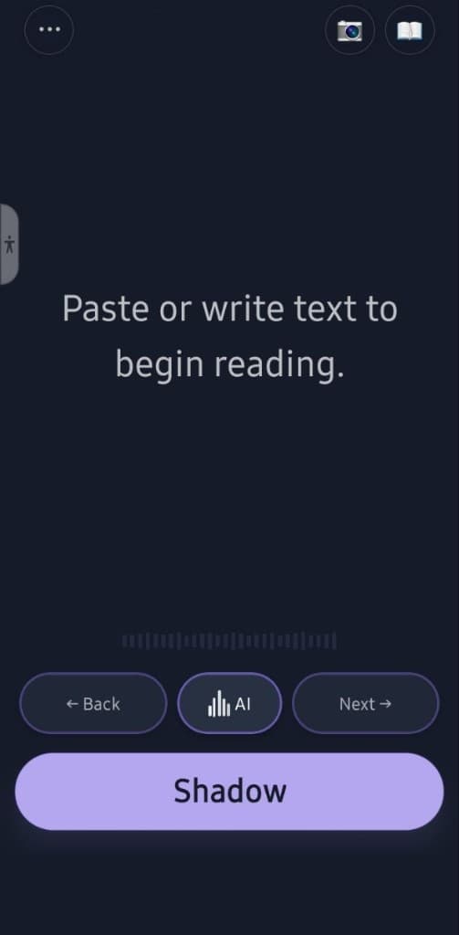 Mamlio main reading screen with AI, Shadow, Back, and Next controls
