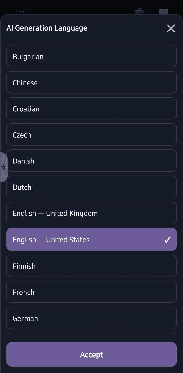 Mamlio AI Generation Language list with a selected language and Accept button