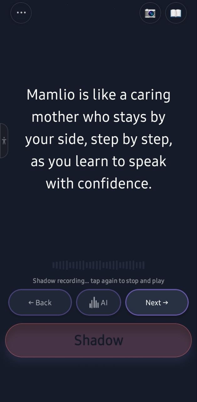 Mamlio shadow recording screen with red Shadow button active during pronunciation practice